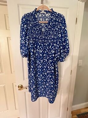 Michele Royal Blue and White Smocked V-Neck Shift Dress